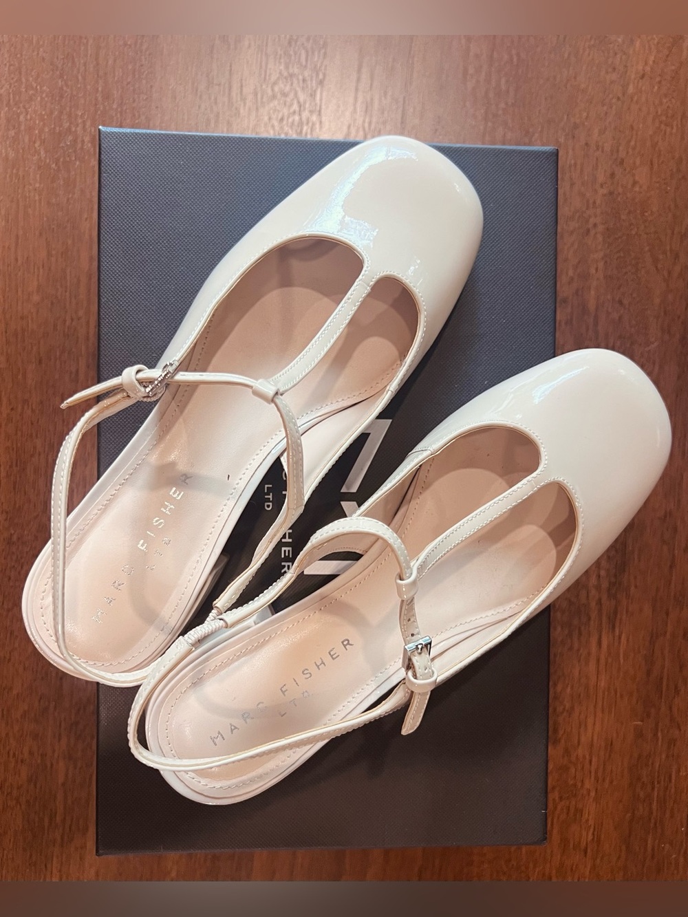Marc Fisher Cream Patent T-Strap Mary Jane Flats